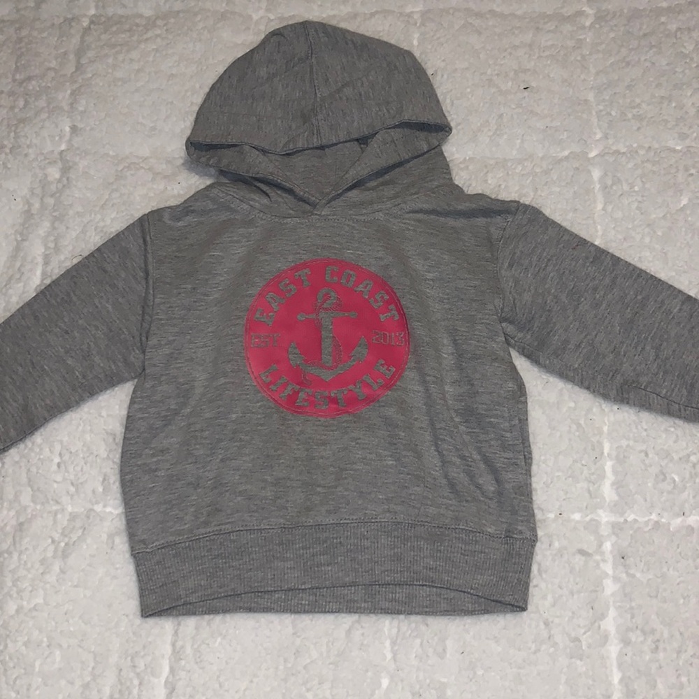 Toddler East Coast Lifestyle hoodie, charcoal mix with pink logo.